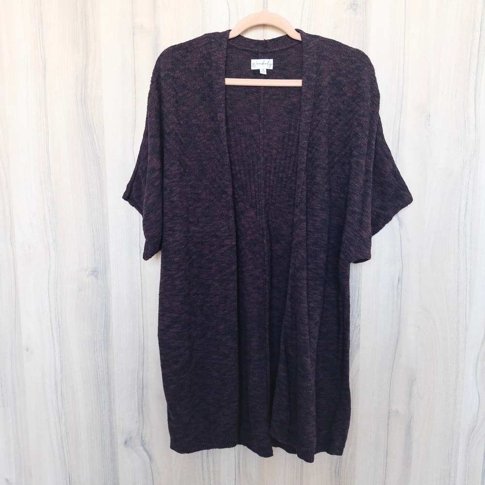 Wonderly‎ Womens Cardigan Duster Short Sleeve Size 1X Burgundy Marled Cozy Layer